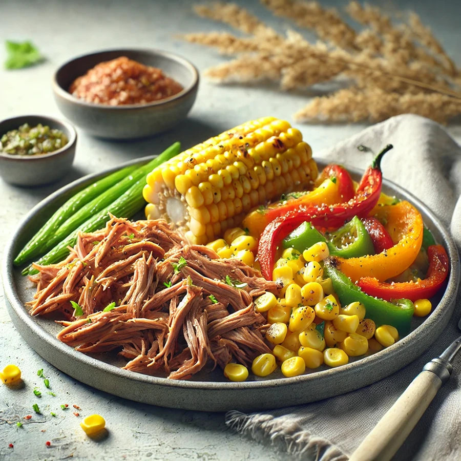 Pulled pork, corn, bell peppers, and green beans.