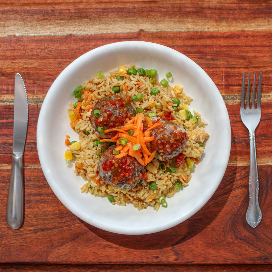 Sweet Chili Meatballs with Veggie Fried Rice