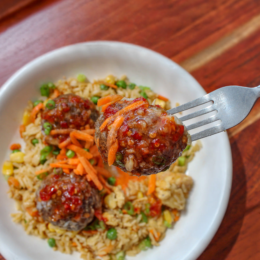 Sweet Chili Meatballs with Veggie Fried Rice